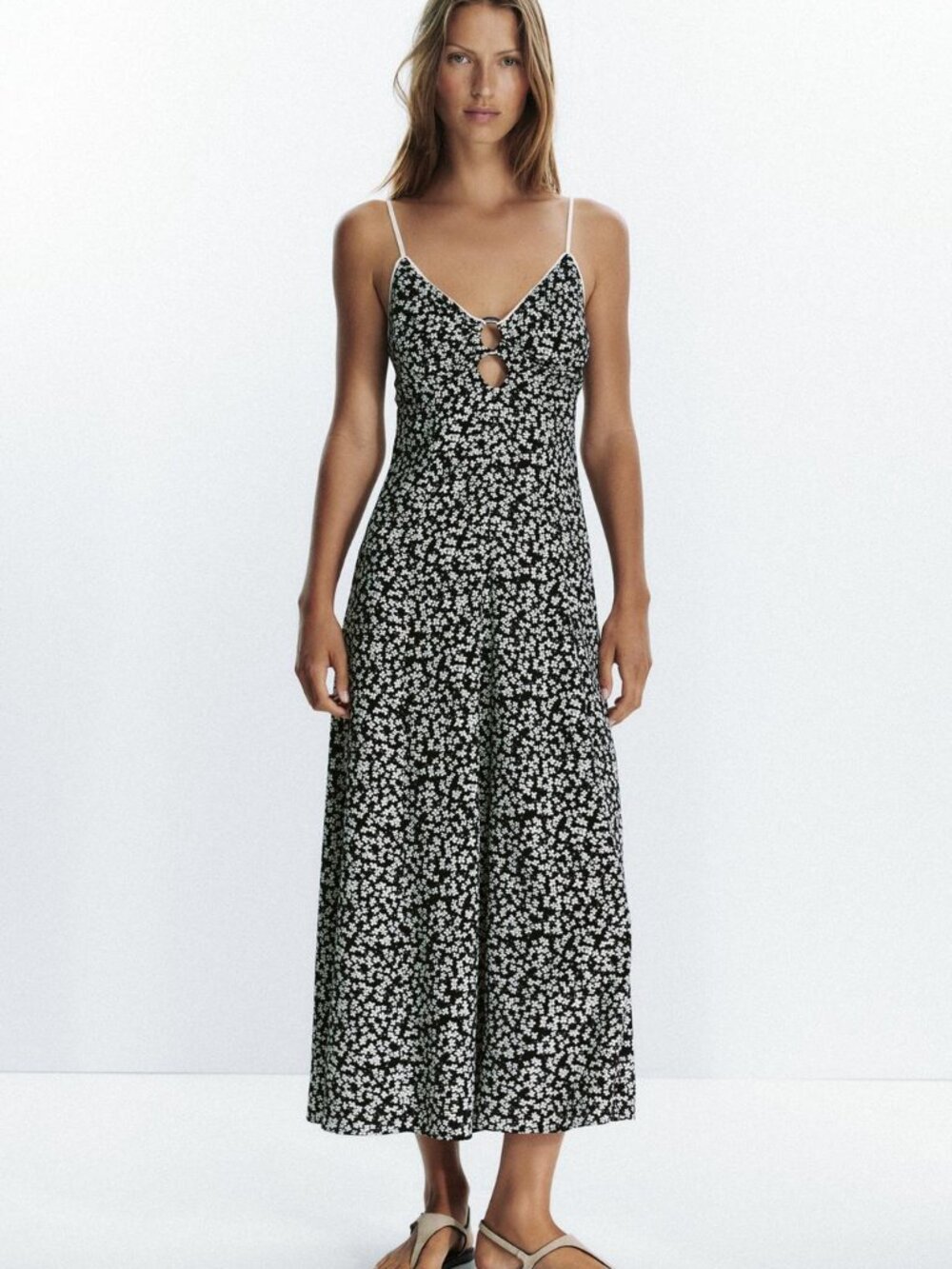 Zara Floral Print Midi Dress Black Ecru Open Back Ring Detail XS NWT Vacation